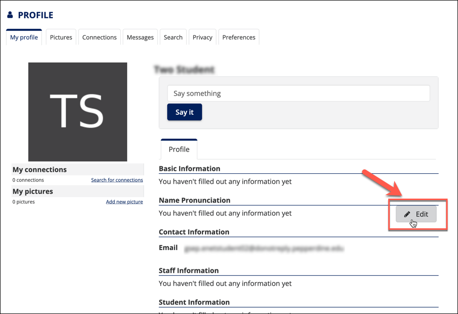 Hovering over the "Name Pronunciation" section will reveal the "Edit" button.